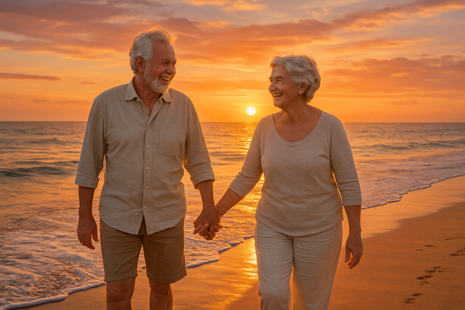 Happy old couple holding hands walking on the beach with a nice sunset in the background 