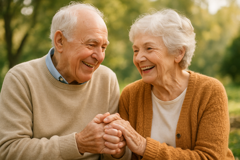 happy old couple holding hands 