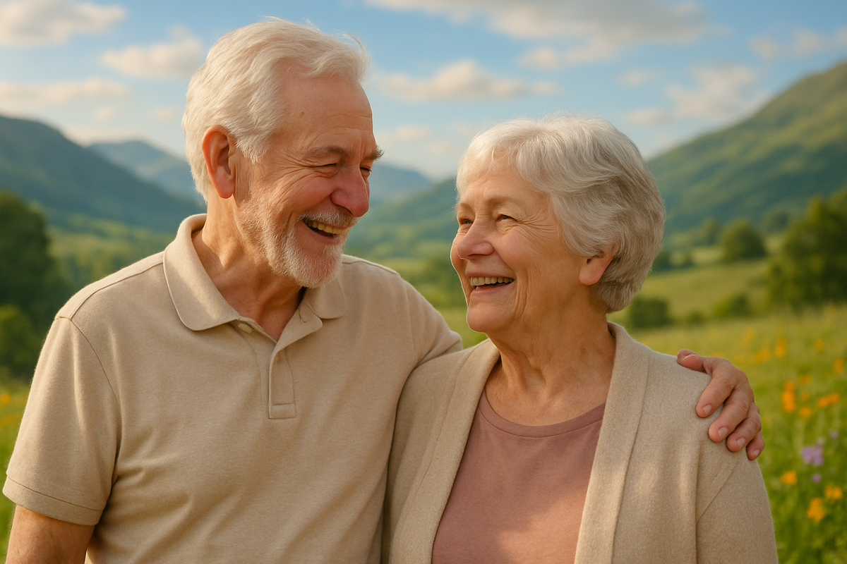 Happy old couple with nice scenery in background 