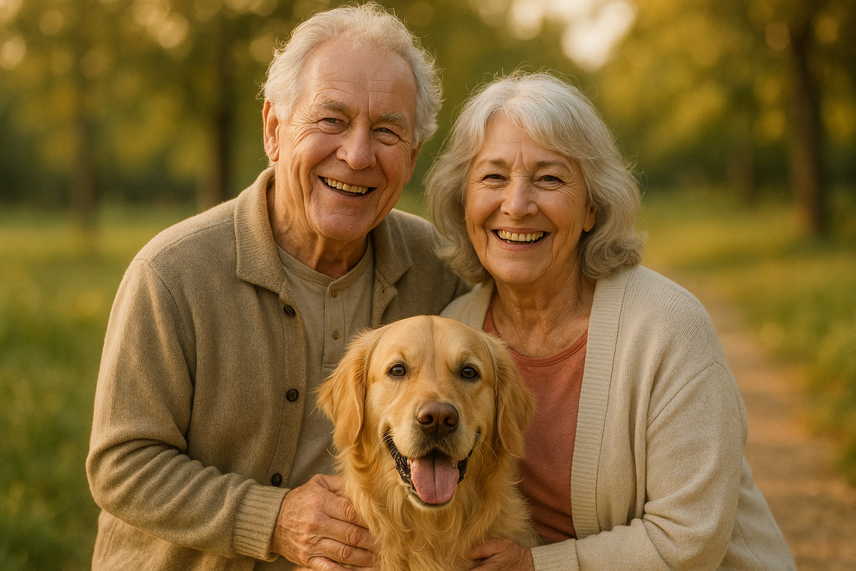 happy senior couple with a golden retriever 